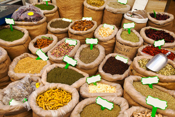 Various colored spices on the Mahane Yehuda Market in Jerusalem.