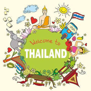 Welcome to Thailand . Set Thai color vector icons and symbols