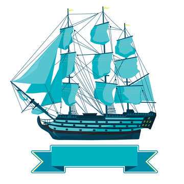 Old blue wooden historical boat on white. Sailing boat with sails, mast, brown deck, guns. Illustration of galleon. Training corvette ship for pirate - flatten icon isolated master vector