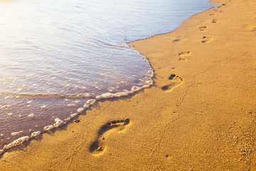 beach, wave and footprints at sunset time