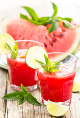 Watermelon juices with lime and mint in the glass