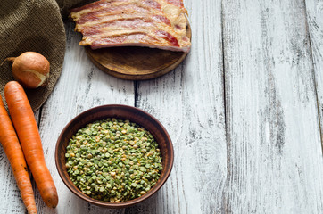 Dried peas and assorted ingredients for pea soup recipe