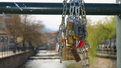 Florina, Greece. Love locks on a bridge. Locks of love on a Greek bridge at Sakoulevas river.