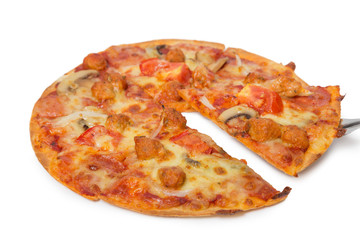 Tasty flavorful pizza isolated on white