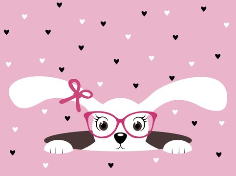 Cute bunny girl with glasses on pink heart background