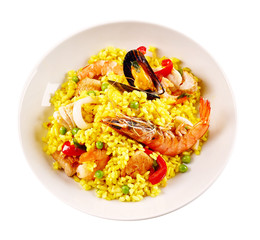 Traditional Spanish Seafood Paella in White Bowl