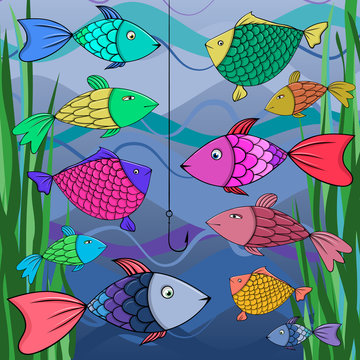 Illustration of many fish.