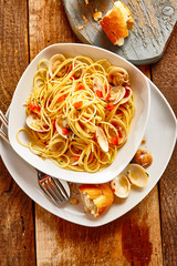 Spaghetti Pasta with Clams Served with Bread Roll