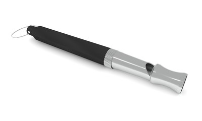elongated silver and black whistle