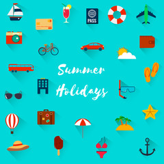 Summer holiday flat icons with long shadow. Vector 