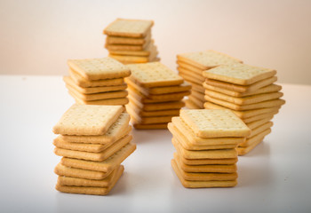 bunch of salty crackers stacked in to the pillars