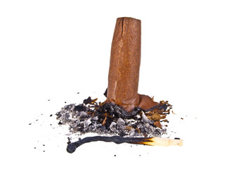 Cigar with ash and burned match isolated on a white background