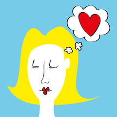 Drawing of a young girl or woman dreaming about love with a red heart in a thinking bubble above her head