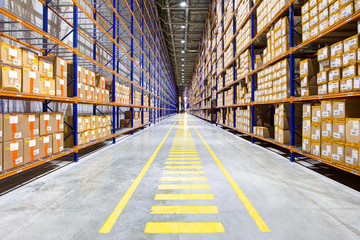 Rows of shelves with boxes  - obrazy, fototapety, plakaty