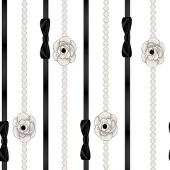 Seamless Pattern Background of pearl necklaces and black ribbon  - obrazy, fototapety, plakaty