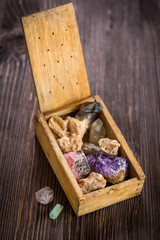 Wooden box with collection of rocks and minerals