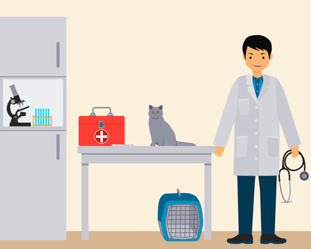 Veterinary doctor in a veterinary clinic. Vector illustration