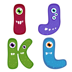 Vector set of english alphabet letters - I, J, K, L. Funny monsters with toothy smiles. Good for children stuff, stationery, cards.