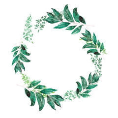 Laureate wreath in trendy watercolour style with green splashing. Laurel wreath branches for wedding card. Template wedding invitation. Bay leaf garland illustrations. Bays for cooking class banner.
