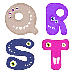 Vector set of english alphabet letters - Q, R, S, T. Funny monsters with toothy smiles. Good for children stuff, stationery, cards.