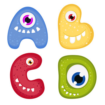 Vector set of english alphabet letters - A, B, C, D. Funny monsters with toothy smiles. Good for children stuff, stationery, cards.