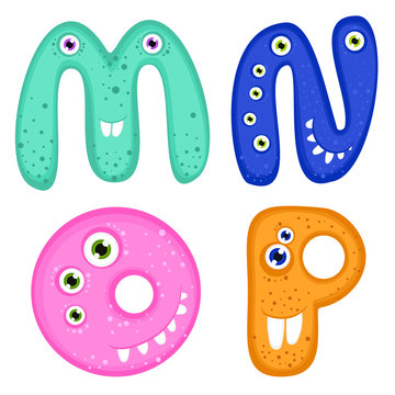 Vector set of english alphabet letters - M, N, O, P. Funny monsters with toothy smiles. Good for children stuff, stationery, cards.