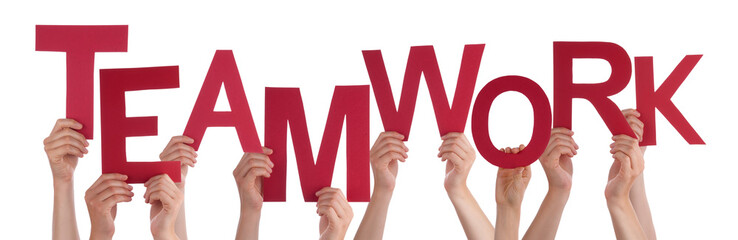 Many People Hands Holding Red Word Teamwork
