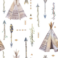 Watercolor boho seamless pattern with teepee, arrows, feathers. © kris_art