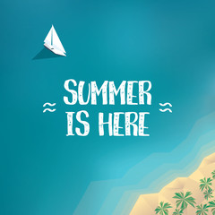 Obraz premium Summer holiday poster, banner template with yacht in the ocean and sandy beach of tropical island. Low poly vector illustration.