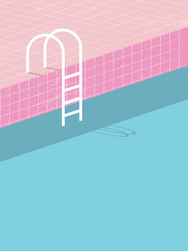 Swimming pool in vintage style. Old retro pink tiles and white ladder. Summer poster background template.