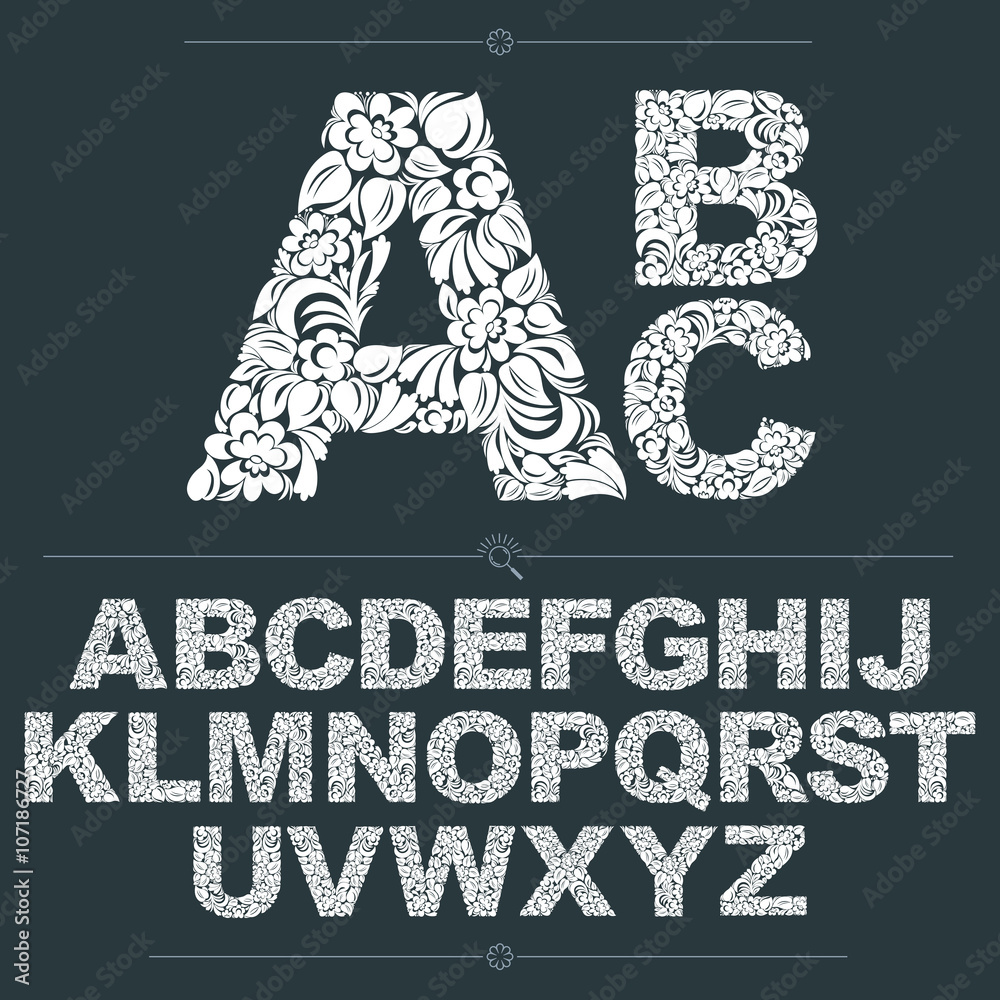 Fototapete set of vector ornate capitals, flower-patterned typescript. black