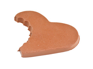 Bitten chocolate heart shape on white background, isolated cookie