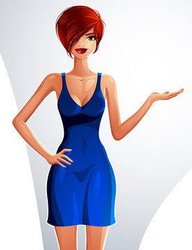 Young pretty lady holding her hand on a waist and showing something to side, empty copy space. Vector illustration of a woman standing, 