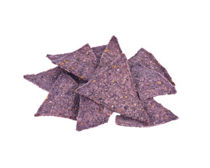Blue corn tortilla chips separated on white background