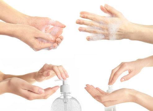 Collage with young beautiful washing hands, isolated on white