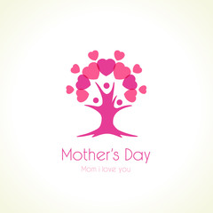 Mother's day tree love logo. Heart or love icons and family as tree, vector logo template