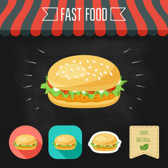 Chicken burger icon on a chalkboard. Set of icons and eco label. Flat design. Vector