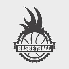 Basketball label, sign or icon with ball and fire flame on white background