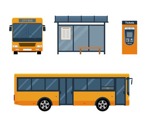 Flat style concept of public transport. Set of city bus with front and side view, bus stop and ticket machine. Isolated vector illustration.

