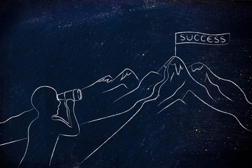 man with binoculars looking at Success banner on a mountain top