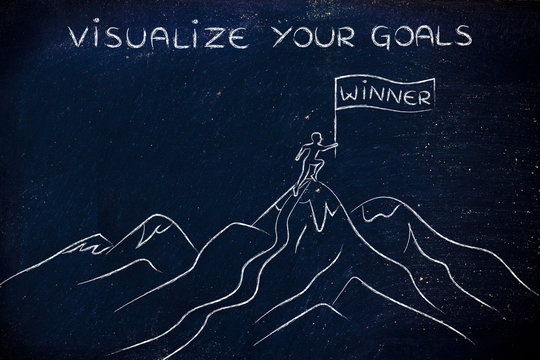 winner standing on top of a mountain, visualize your goals
