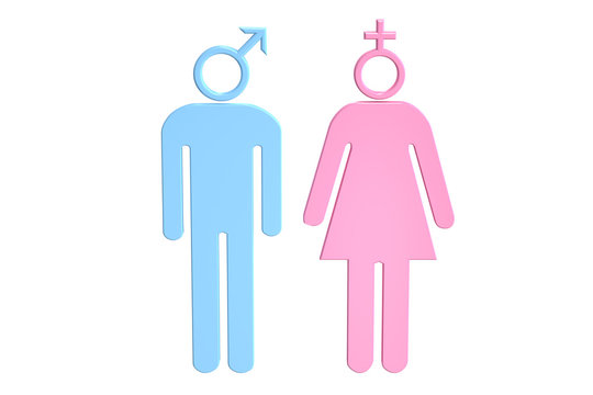 Man and woman silhouette with gender symbols, 3D rendering