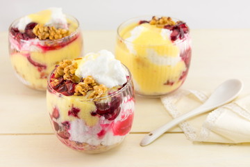 Homemade granola parfait with cherries and cream