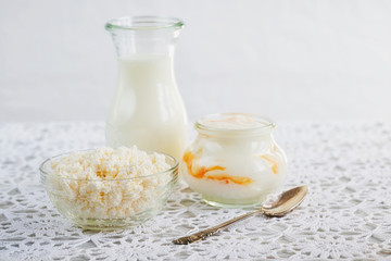 Healthy breakfast: milk, cottage cheese, yoghurt.