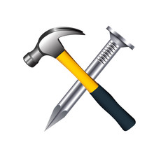 Crossed hammer and nail isolated on white background.