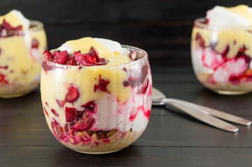Homemade granola parfait with cherries and cream