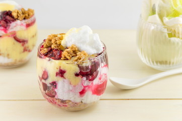 Homemade granola parfait with cherries and cream