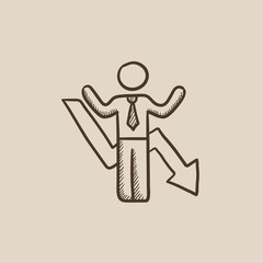 Businessman with arrow down sketch icon.