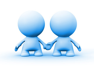 two human characters in blue holding hands