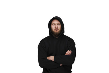 Angry hooded man facing forward with arms crossed